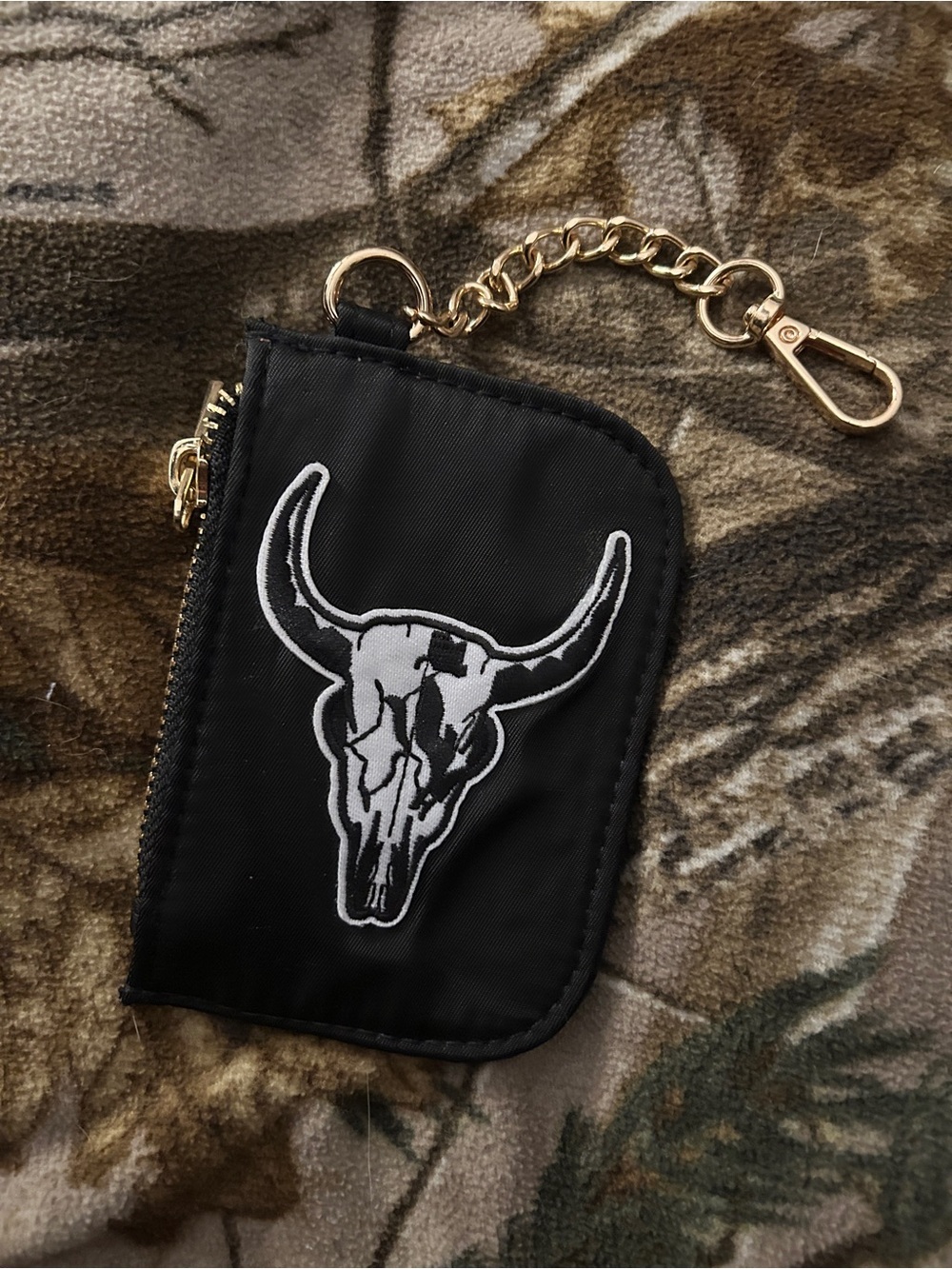 Black Bull Skull Key Pouch with Gold Chain